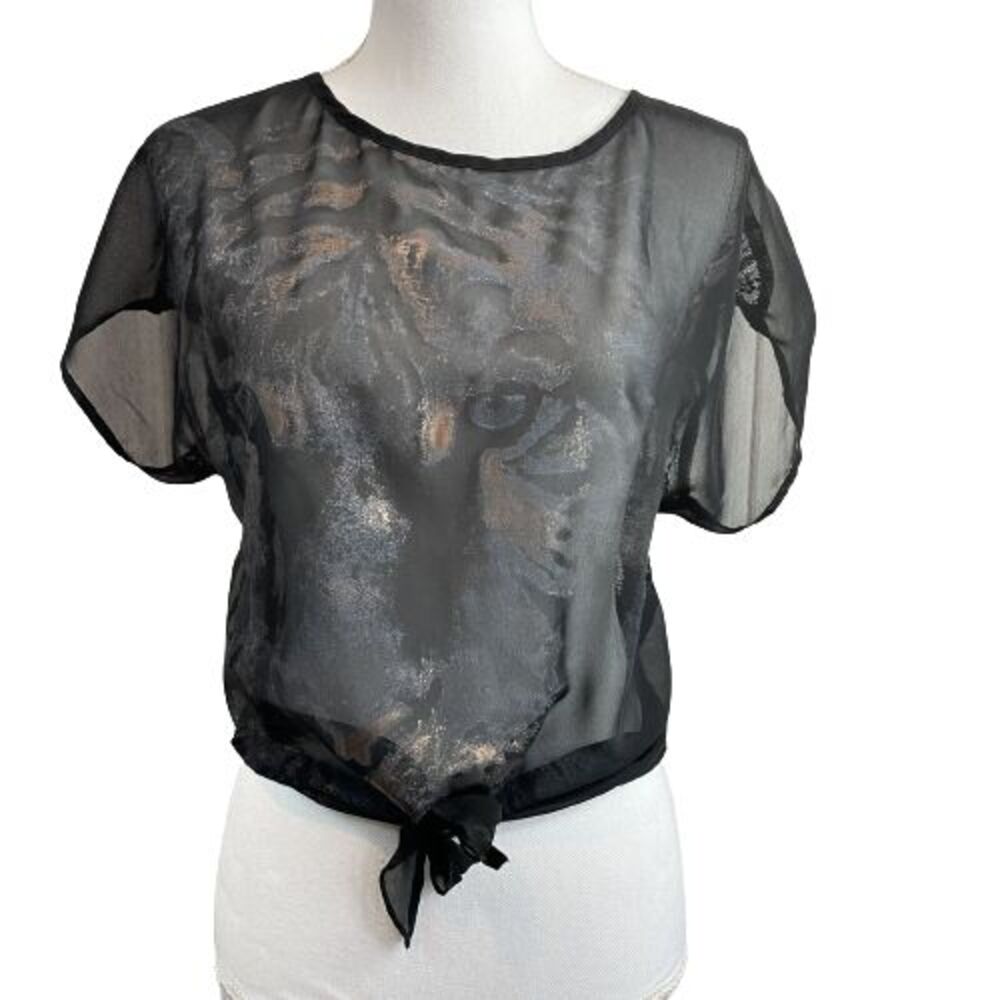 Mudd Women's S Small Black Tiger Sheer Short Sleeve Top with Lace Back